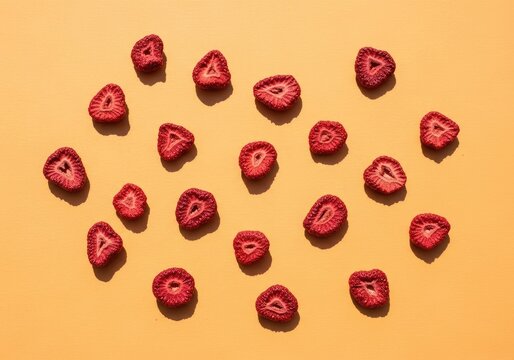 Dried Strawberry Slices Scattered on a Vibrant Orange Background.