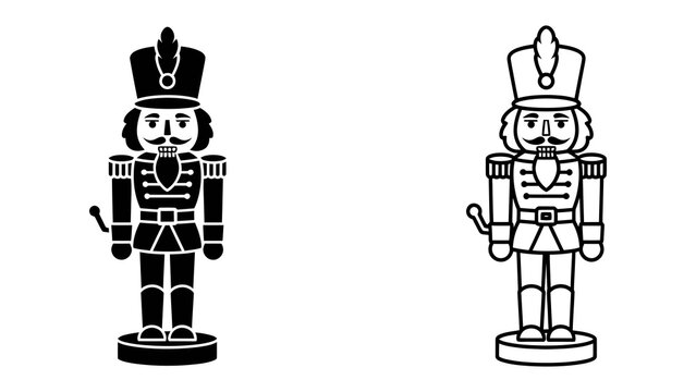 Nutcracker Duo: A classic nutcracker figurine is presented in both solid black and outline versions, showcasing its traditional soldier uniform and distinctive headdress.