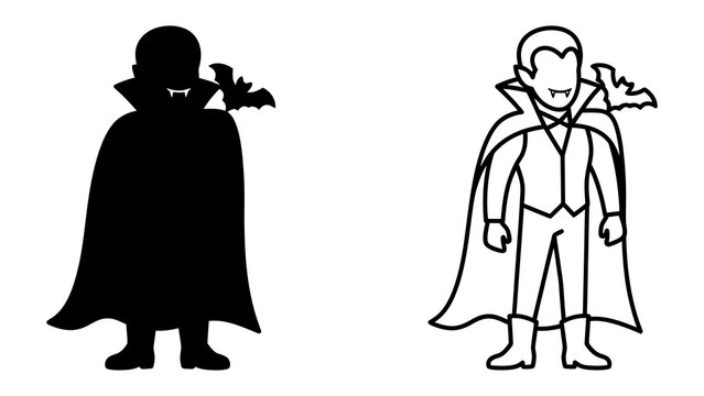 Vampire Silhouette and Outline: A striking comparison between a stark black silhouette and a clean line art outline of a classic vampire figure, complete with a cape and a bat companion.