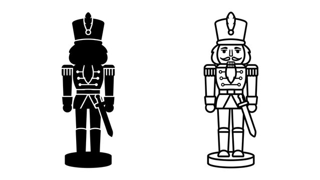 Nutcracker Soldier Silhouette and Outline: A traditional nutcracker soldier displayed in both a solid black silhouette and a detailed line drawing, symbolizing festivity and holiday spirit.