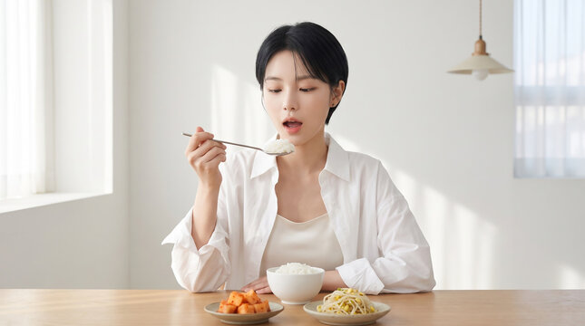 밝은 공간에서 음식을 먹는 여성 / Woman Eating Food in a Bright Room