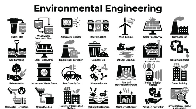 Environmental Engineering Set Featuring Icons of Sustainable Technology Renewable Energy and Pollution Control Methods Isolated on White Background