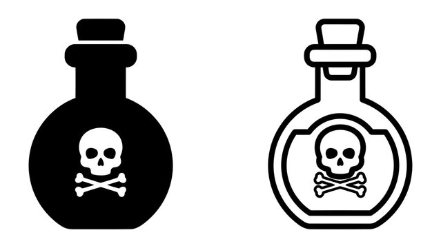 Poison Bottle Icons: Two graphic representations of a poison bottle, one solid black and the other outlined with a skull and crossbones symbol, indicating danger and toxicity.