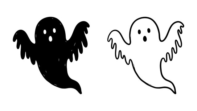 Spooky Ghosts Duo: Two charming ghost illustrations, one solid black and the other outlined in white, float with surprised expressions, perfect for Halloween themes and festive decorations.
