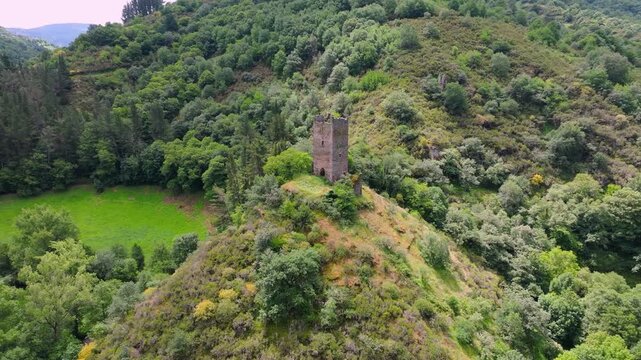 Square Stone Tower Of Torre de Doncos In As Nogais, Galicia, Spain. Aerial Forward Shot