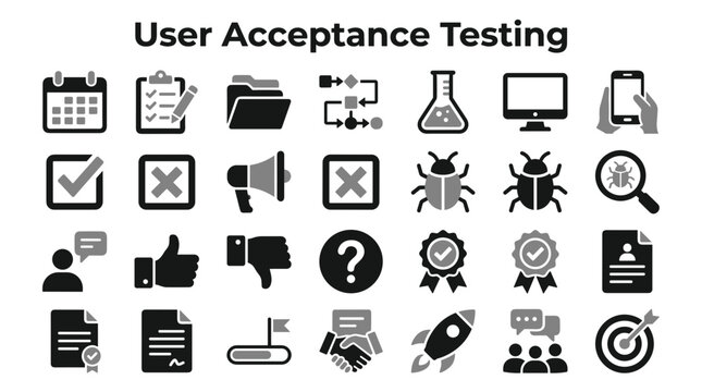 User Acceptance Testing flat icons collection for software development and quality assurance processes