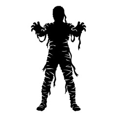 Naklejka premium Horror Mummy Silhouette, Halloween Costume, Scary Zombie Monster, Vintage Wrappings, Spooky Vector, Halloween Party Design Element isolated on White Background