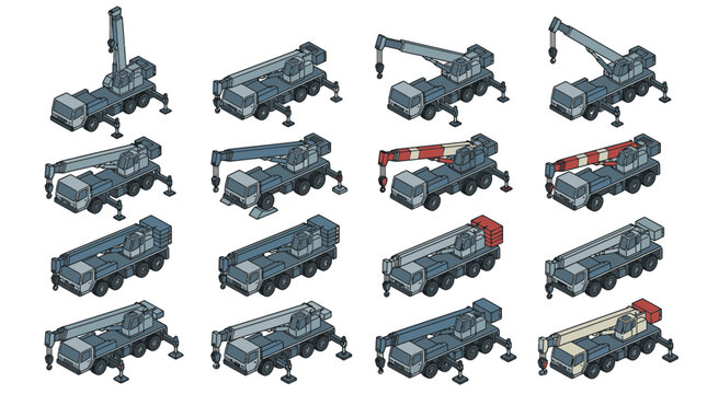 Cranes are showcased in a comprehensive collection of various configurations and operating positions to illustrate versatility in modular construction environments.