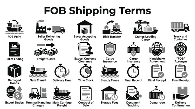 FOB shipping terms and logistics icon set illustrating international trade freight and cargo delivery processes on a transparent background
