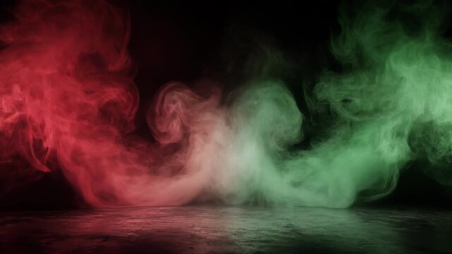 Abstract red and green smoke clouds swirling over a reflective surface