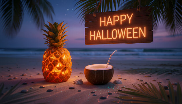 A glowing pineapple jackolantern sits on a sandy tropical beach at dusk with a hanging wooden sign that reads happy halloween in neon orange letters