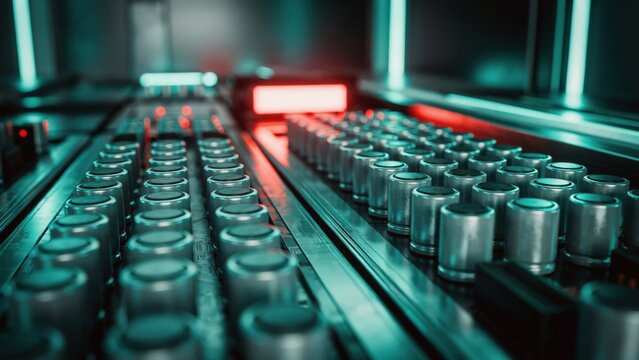 Rows of lithium ion batteries in high-tech manufacturing facility with technology manufacturing industrial