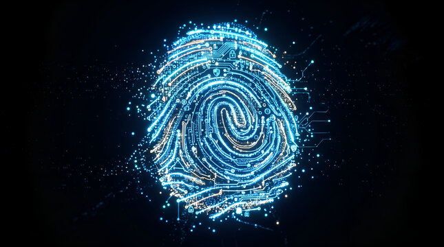 Glowing digital fingerprint constructed from tiny particles and circuit patterns, biometric security concept, isolated dark background
