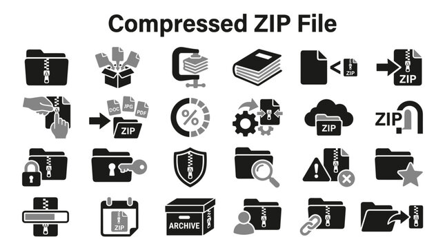 Set of compressed zip file icons for data management and digital storage interface
