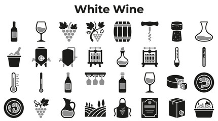 Obraz premium Set of white wine icons featuring grape clusters winery equipment bottles glasses and culinary pairings isolated on white background