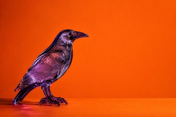 Obraz premium Transparent Violet Glass Raven on Vibrant Orange Halloween Background