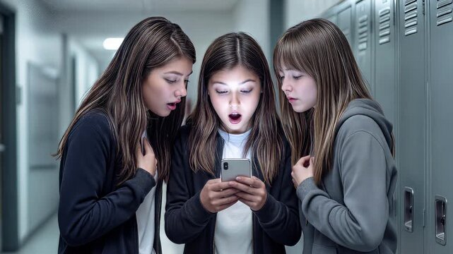 Teenage girls reacting with shock to content on smartphone in school hallway. Group of students whispering and looking surprised at mobile screen in front of lockers. Lockdown medium shot.