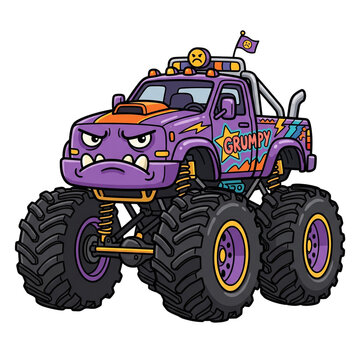 Grumpy purple monster truck with large wheels during a playful energetic ride isolated on transparent background