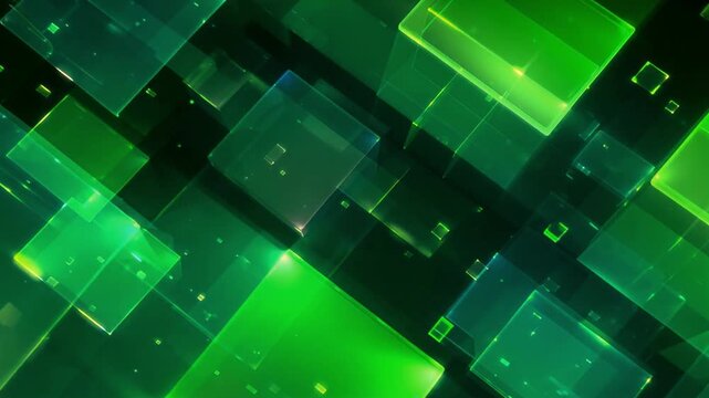 Glowing green glass cubes moving in digital space creating abstract geometric patterns for modern high tech background motion design video