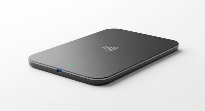 A sleek, compact, rectangular, and modern dark grey wireless charging pad crafted from durable plastic with metallic trim, featuring a smooth matte surface and, isolated on transparent background.