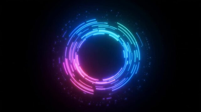 Glowing neon circular interface motion animation featuring blue and pink data lines rotating against a deep black background video footage