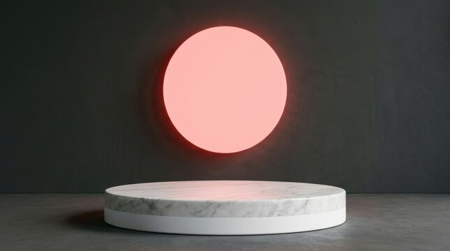 Pink glowing circle above white marble pedestal 3D render with dramatic lighting