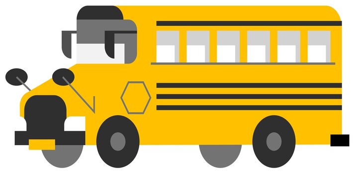Flat vector illustration of a yellow school bus with black stripes, isolated on white background. Simple icon for education, transportation, and back to school design projects.