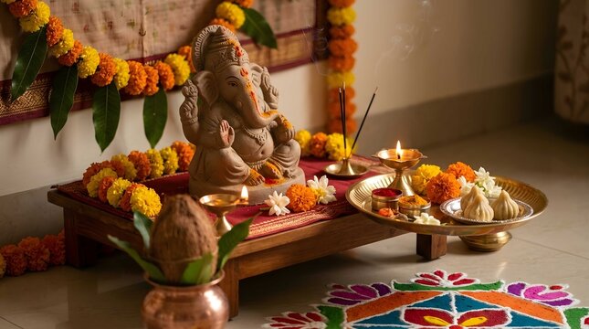 Traditional ganesha idol on wooden pedestal with modak sweets