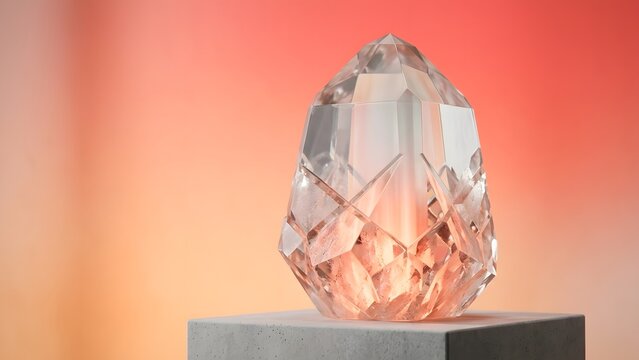 A clear crystal with geometric facets glows with warm light on a concrete pedestal against a soft, blurred orange and pink gradient background.