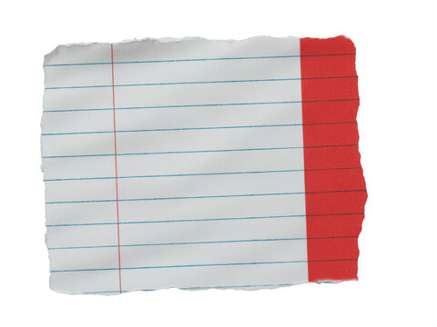 Torn scrap of lined paper with red margin line isolated on transparent background for creative graphic design layouts