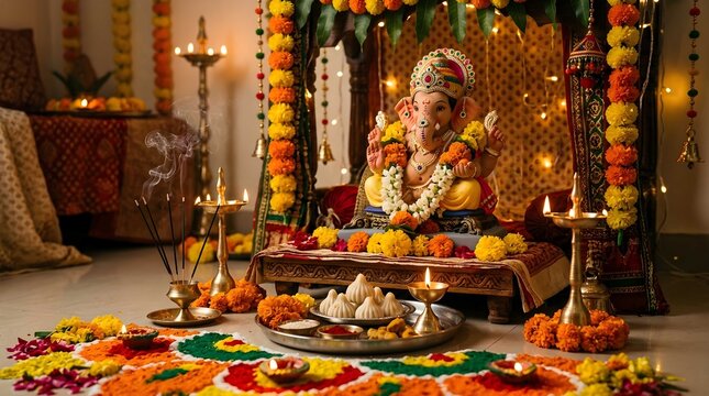 Vibrant ganesha idol decorated with jewels and flowers