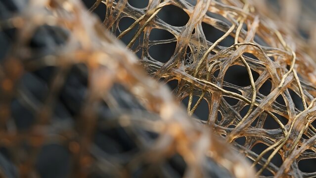 Close up of abstract organic interwoven fibrous texture with golden threads