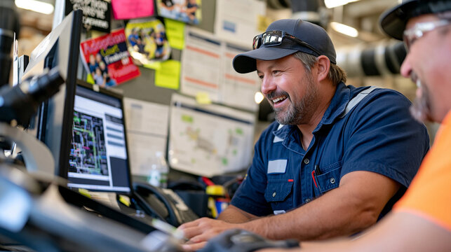 An oil refinery worker looks over the shoulder of a trainee at a modest site office desk, adoption court finalization celebration cards pinned to the bulletin board above safety protocol manuals and