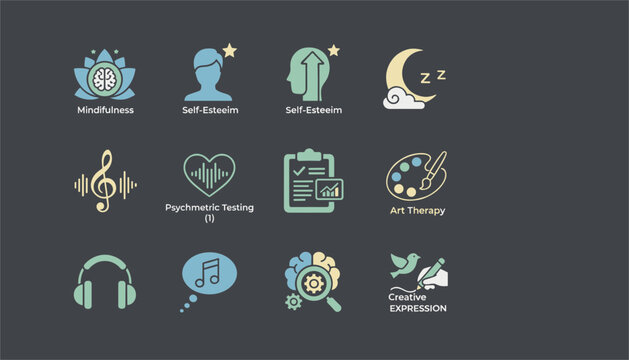 Collection of mental health therapy icons depicting mindfulness self esteem psychometric testing and art therapy.