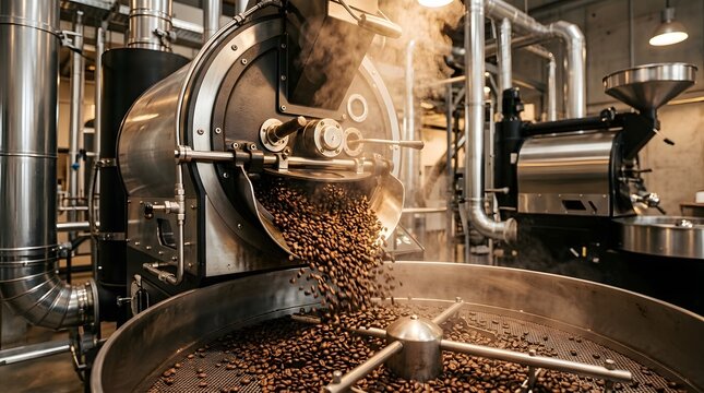 Coffee beans roasting in a large industrial machine