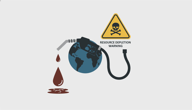 Environmental warning illustration of oil depletion showing a gas pump nozzle draining resource from the Earth.