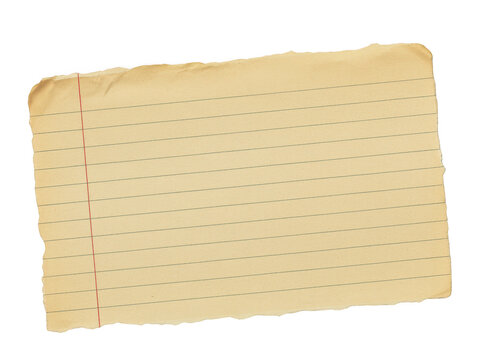 Aged scrap of lined notebook paper with red margin line isolated on transparent background for vintage aesthetic