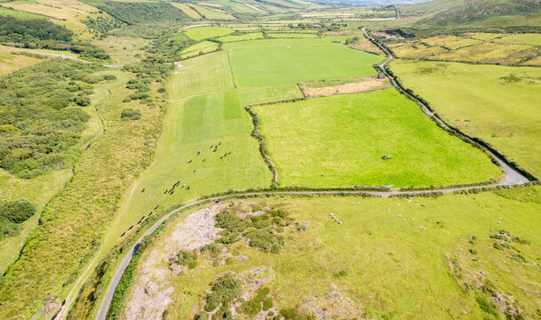 Drone Aerial view showing green pastures, farmland, and a road winding through dingle peninsula countryside
