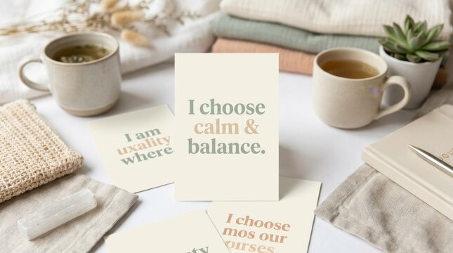 Holistic self care positive affirmation cards with wellness objects in a calm setting