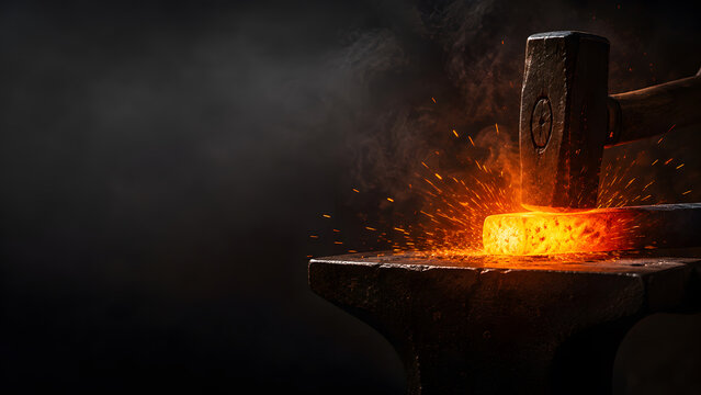 Blacksmith Hammer Striking Glowing Hot Metal on Anvil with Flying Sparks