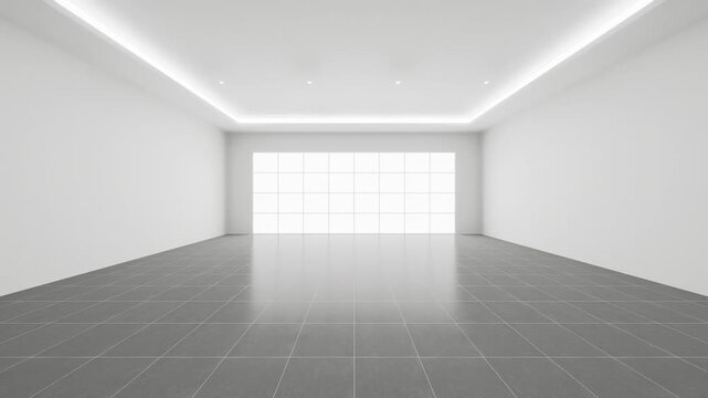 3d empty modern interior with tiled floor, white walls, panoramic window, recessed lighting, spacious open layout, slow motion forward camera, clean business background, contemporary real estate.