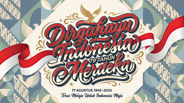 Dirgahayu indonesia 79th independence day celebration poster with batik pattern and garuda pancasila emblem