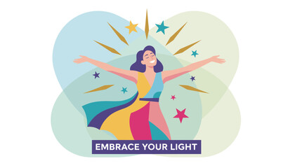 Obraz premium Confident smiling woman spreads her arms wide to embrace her inner light amidst vibrant stars and colorful rays.