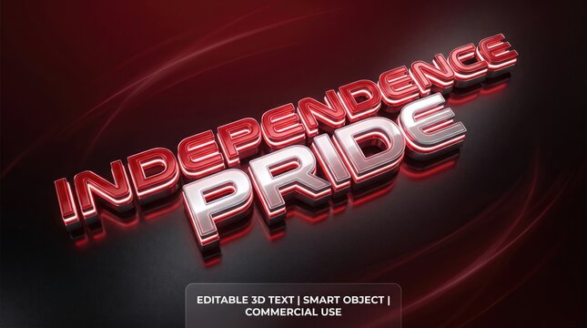 3d independence pride text effect with metallic red and silver finish on a dark abstract background