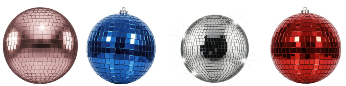 Collection of four vibrant disco balls in rose gold, blue, silver, and red, realistic 3D renders.