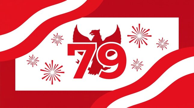 79th indonesian independence day celebration background with garuda pancasila emblem and red and white wavy ribbons