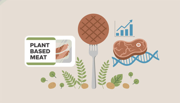Plant-based meat alternatives concept with sausages packaging, a burger patty on a fork, steak, and a DNA helix.