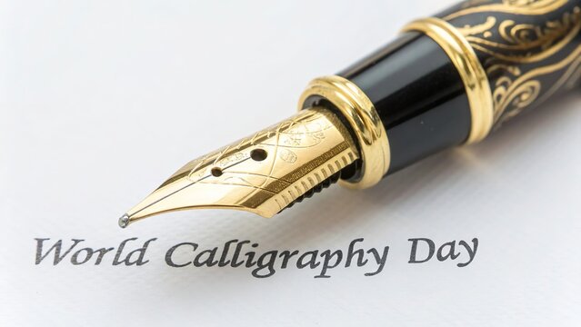 Premium fountain pen closeup beside World Calligraphy Day script.