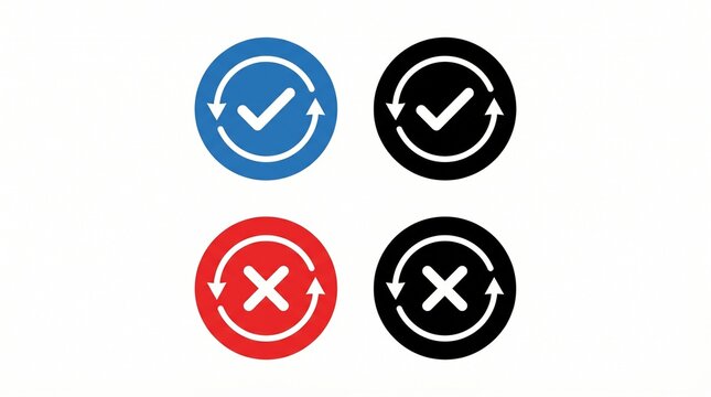 Validation and rejection icons with circular arrows, process feedback symbols, approval check marks, error X marks, workflow cycle indicators.