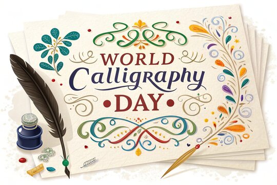 Vintage quill pen and inkwell beside decorative calligraphy typography design.